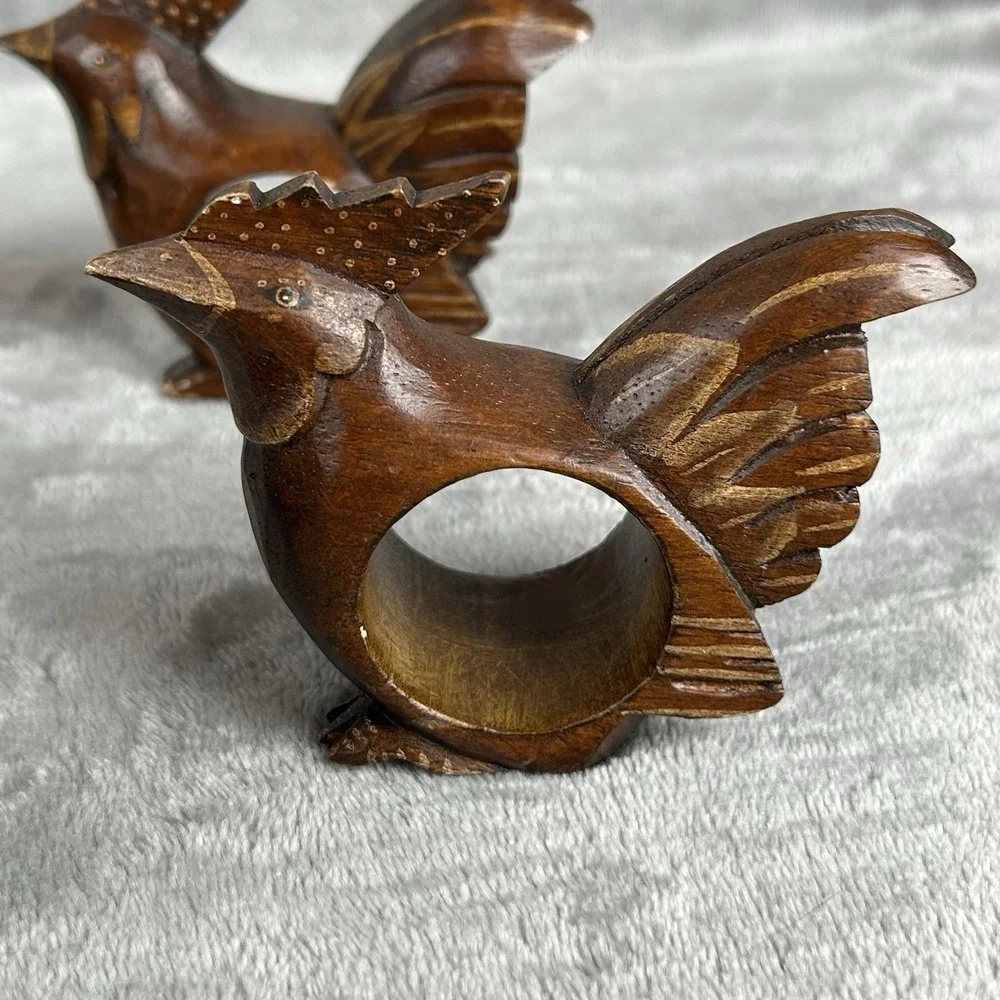 Carved Wooden Napkin Rings Set Of 5 Chicken Rooster Hand Made Vintage Dark Wood
